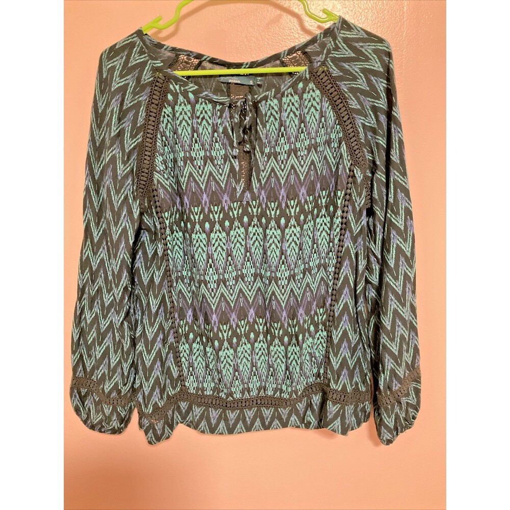 Prana Women’s S Green Peasant Blouse Designer Fashion Front Tie Embroidered